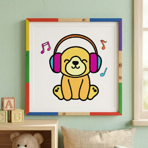 Impression Photo Chien Mignon Chiot Sourire avec des Casques Coloré