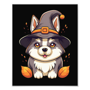 Impression Photo Chou Husky dans l'Halloween Casquette d'une sorciè