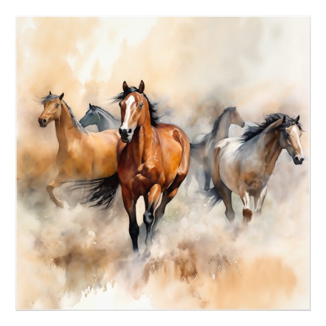 Impression Photo « Cinq mustangs sauvages » Aquarelle occidentale p (Devant)
