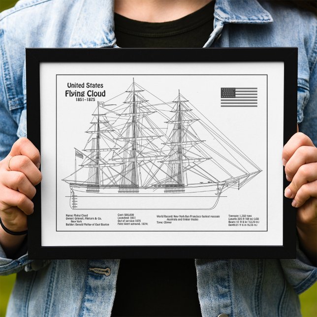 Impression Photo Cloud de vol de l'expédition clipper - Blueprint B (Clipper Ship Flying Cloud - Ship Blueprint BD. Photo Print)