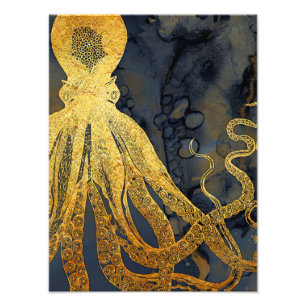 Impression Photo Coastère Vintage Octopus Gold Black Blue Aquarell