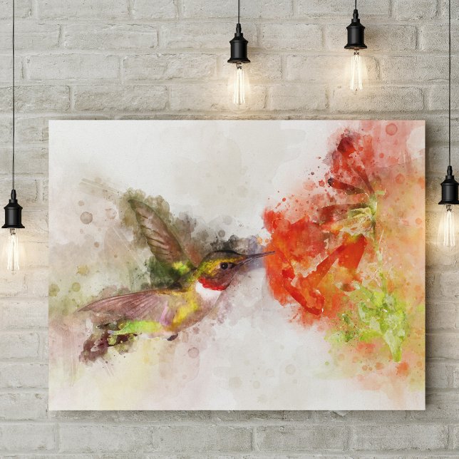 Impression Photo Colibri à l'aquarelle se nourrissant d'une fleur v (Watercolor Hummingbird Feeding on Vibrant Flower. Photo Print)