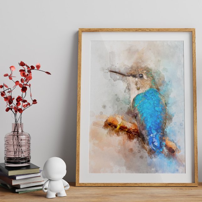 Impression Photo Colibri aquarelle vibrant oiseau sur une branche (Vibrant Watercolor Hummingbird Bird on a branch. Photo Print)
