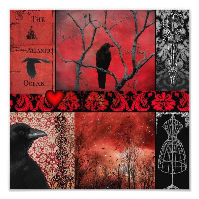 Impression Photo Collage corbeau rouge gothique (Devant)