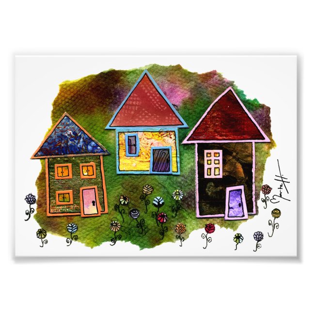 Impression Photo Collage de trois maisons avec fleurs (Devant)