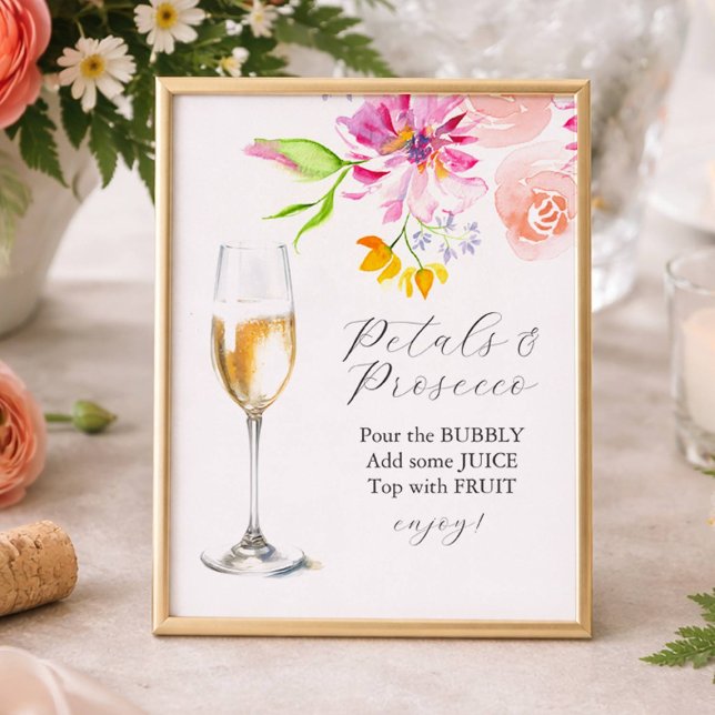 Impression Photo Colorful Petals and Prosecco Bar Sign (Petals and Prosecco bridal shower sign with pink and orange flowers)