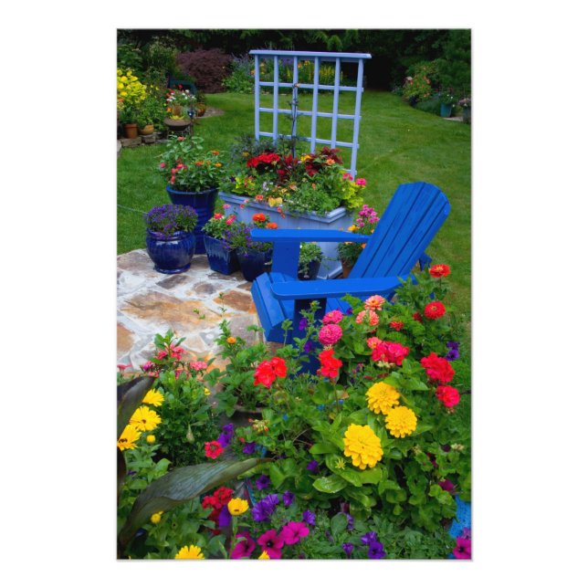 Impression Photo Conception de jardin en conteneur avec chaise bleu (Devant)