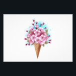Impression Photo Cône rose Sakura crème glacée gaufre<br><div class="desc">Cône gaufre douce avec fleurs de cerisier japonais rose frais sur arrière - plan blanc avec stries d'aquarelle bleue. Cerise japonaise rose.</div>
