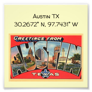 Impression Photo Coordonnées de la carte Austin TX Style Vintage