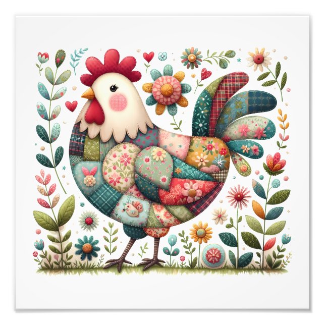 Impression Photo Coq en patchwork folklorique avec accents floraux (Devant)