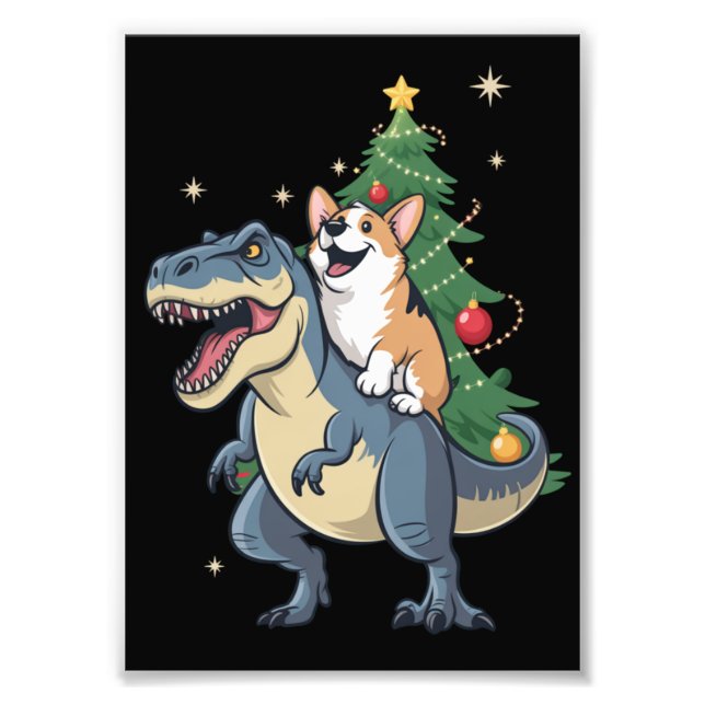 Impression Photo Corgi Noël Dinosaure Arbre Rex Vacances Xmas  (Devant)