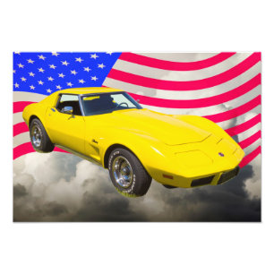 Impression Photo Corvette Stingray 1975 Avec Drapeau Américain