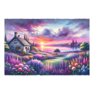 Impression Photo Cottage au Coucher de Soleil Pastel Jardin au Bord