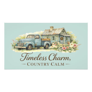 Impression Photo Cottage Fleur Sauvage Calme Camion Bleu Vintage