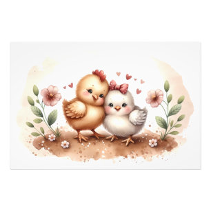 Impression Photo Cottagecore Aquarelle Duo de Poules Caprices