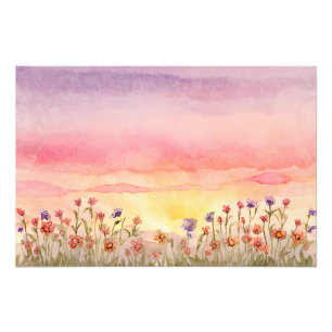 Impression Photo Coucher de soleil coloré sur le champ de fleurs Pe