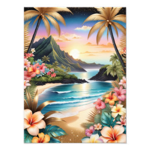 Impression Photo Coucher de soleil de plage avec palmiers et fleurs