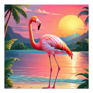 Impression Photo Coucher de soleil flamant rose sur la plage tropic