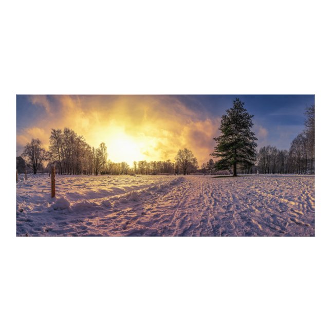 Impression Photo Coucher de soleil sur le parc d'hiver enneigé (Devant)