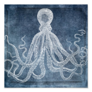 Impression Photo Couleur d'eau octopus bleu crémeux Vintage