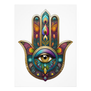 Impression Photo Couleurs de paon Hamsa avec troisième œil en or