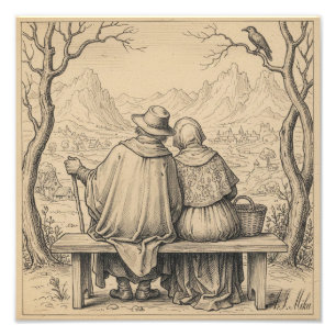 Impression Photo Couple amoureux antique vintage unique sur le banc