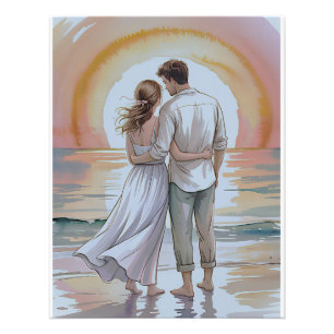 Impression Photo Couple sur la plage au coucher du soleil