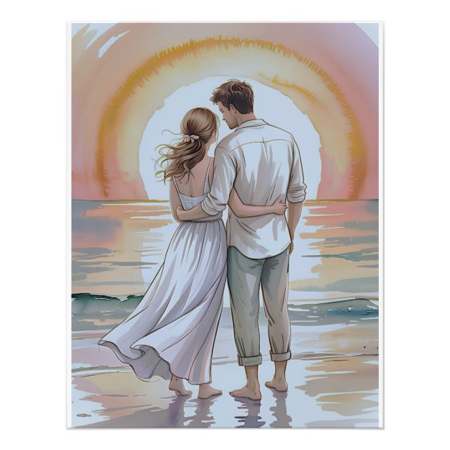Impression Photo Couple sur la plage au coucher du soleil (Devant)
