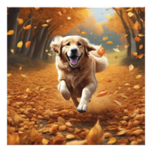 Courir un chien en automne Feuilles d'art Imprimer