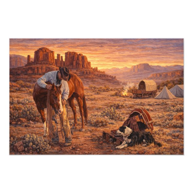 Impression Photo Cow-boy et Cheval Coucher de soleil (Devant)