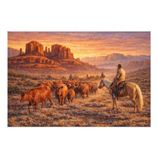 Impression Photo Cowboy Herding Cows at Sunset