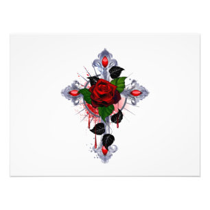 Impression Photo Croix d'argent avec une rose rouge