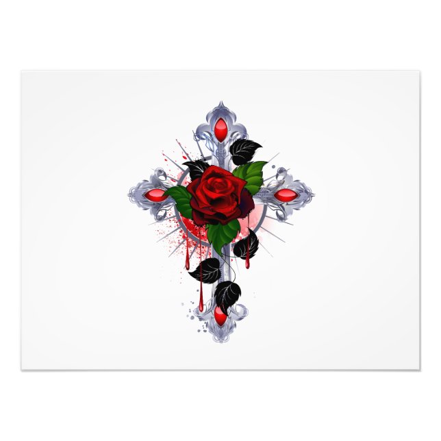 Impression Photo Croix d'argent avec une rose rouge (Devant)