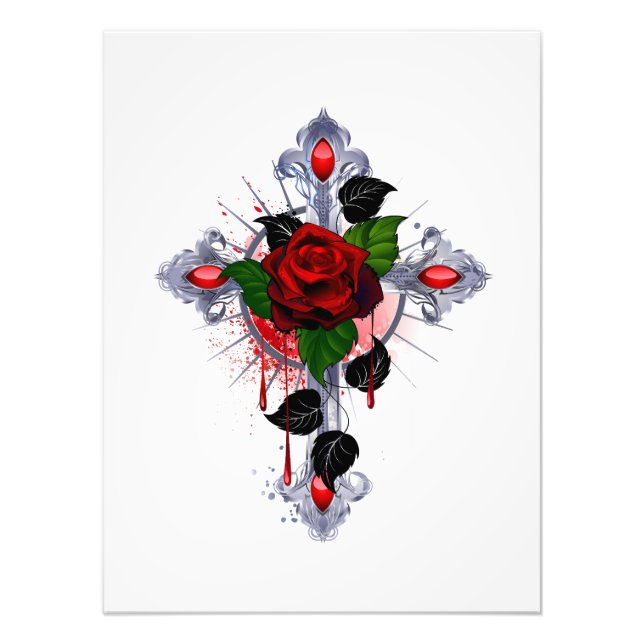 Impression Photo Croix d'argent avec une rose rouge (Devant)