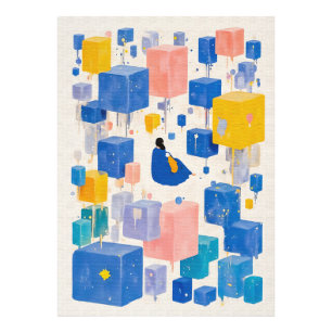 Impression Photo Cubes de rêveur aquarelle bleu jaune Fantaisiste A
