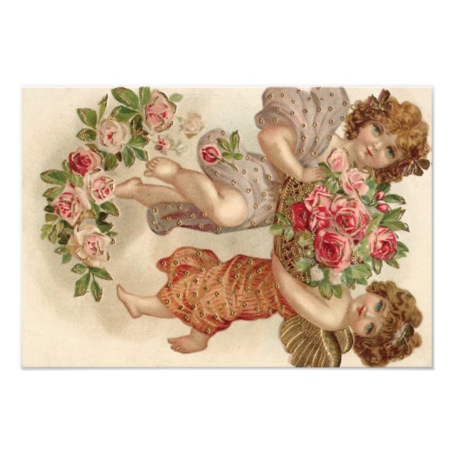 Impression Photo Cupidon Chérubin Ange Panier Roses Rose (Devant)