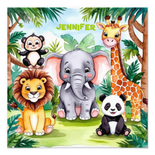 Impression Photo Cute Kids Safari Jungle Animaux Nom Personnalisé