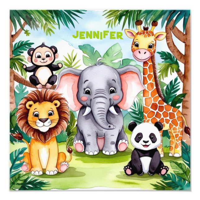 Impression Photo Cute Kids Safari Jungle Animaux Nom Personnalisé (Devant)