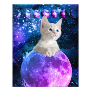 Impression Photo Cute Kitten Sur La Lune Étoiles Lumineuses Univers