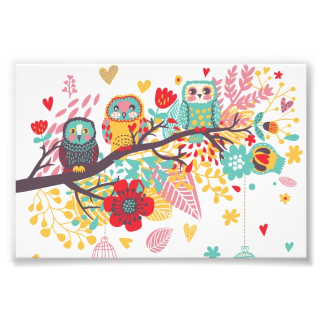 Impression Photo Cute Owls coeur fleuri coloré arrière - plan (Devant)