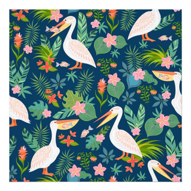 Impression Photo Cute pelicans colorful tropical flowers pattern (Devant)