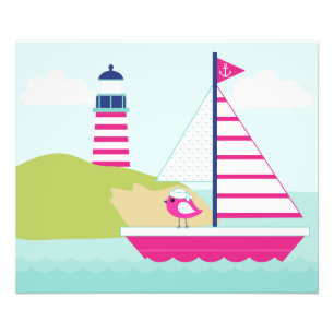 Impression Photo Cute Pink Sail Boat and Lighthouse