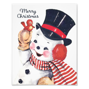 Impression Photo Cute Retro Snowman et Red Bird Wall Art