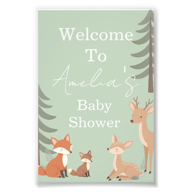 Impression Photo Cute Woodland Animal Baby Shower Welcome Sign (Devant)