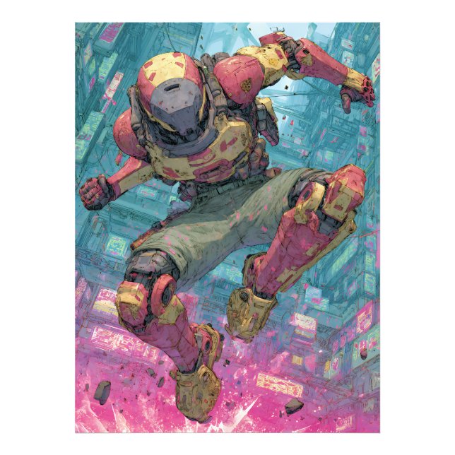 Impression Photo Cyberpunk Mecha Pilot Leap Neon City Action Art (Devant)