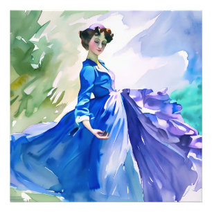 Impression Photo Dame en robe bleue - Peinture à l'aquarelle