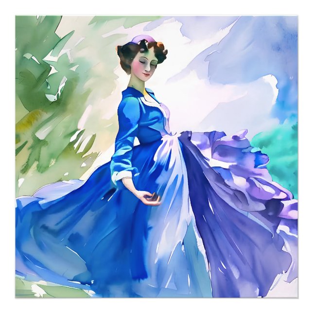 Impression Photo Dame en Robe Bleue - Peinture aquarelle (Devant)