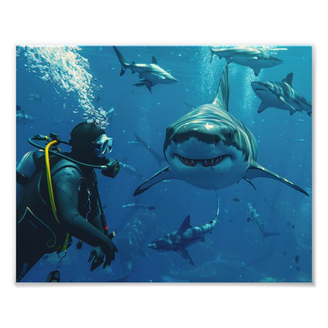 Impression photo de plongeur et de requins (Devant)