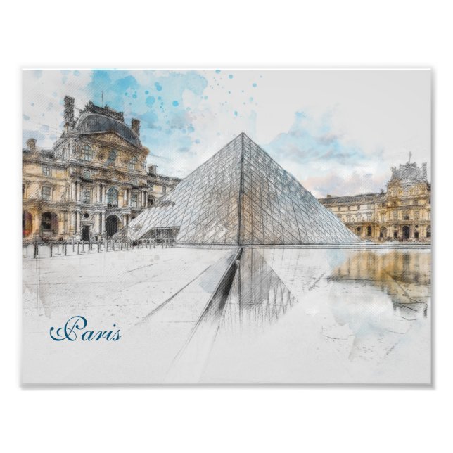 Impression Photo Dessin aquarelle du Louvre Paris, France (Devant)