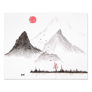 Impression Photo Dessin de style Sumi-e traditionnel japonais. Mont